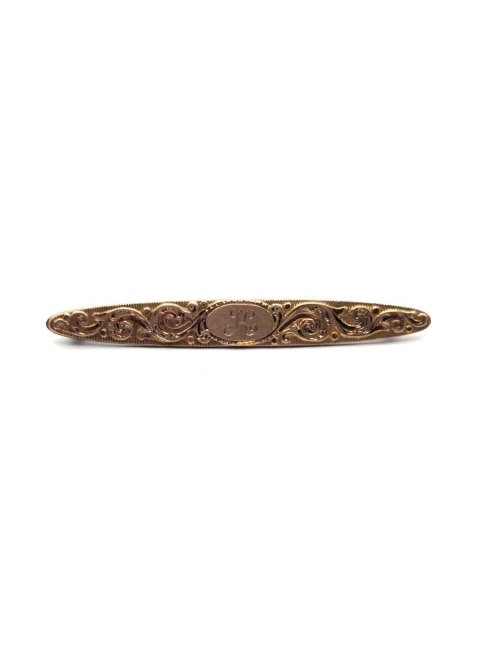 Antique Gold-Tone Victorian Bar Brooch With Engraved Scroll Design & Oval Monogr